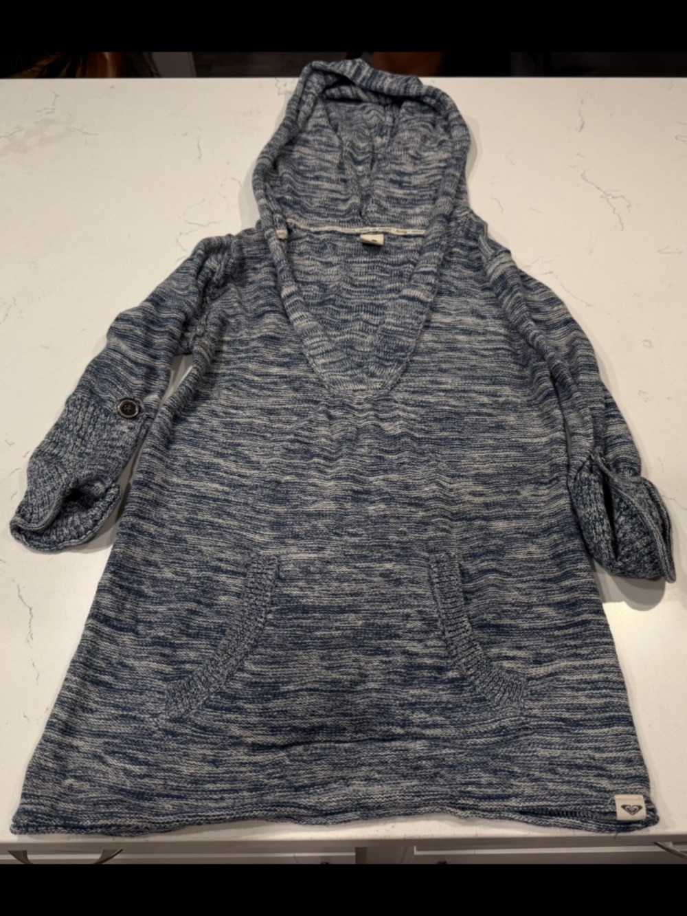 Roxy Marled Knit Hooded Sweater Tunic Women’s Medium Blue White V Neck